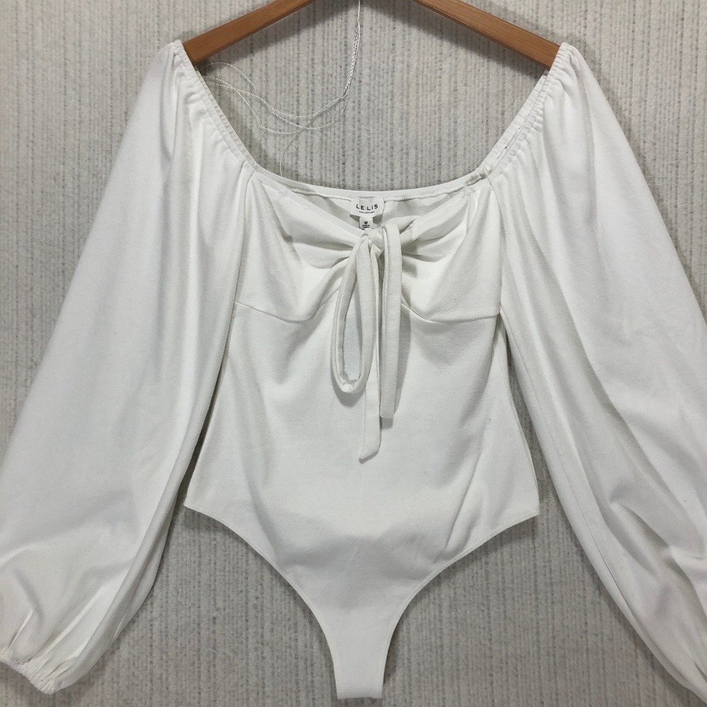 LE LIS Collection White Long Sleeve Square Neck Tie Front Bodysuit Size M